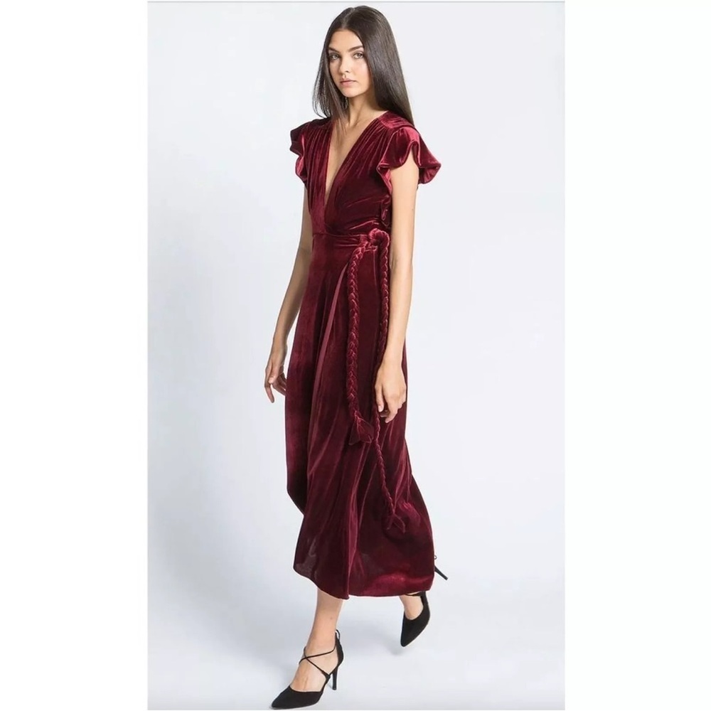 Misa LA Carolina Velvet Wrap Midi Dress sz: XS Burgundy Rope Tie Flutter Sleeve